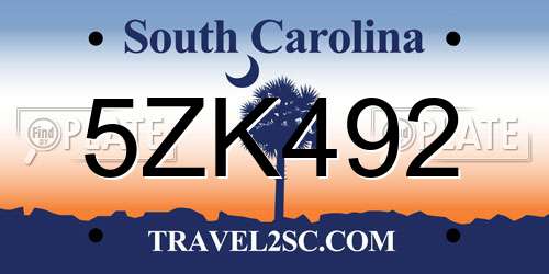5ZK492 South Carolina License Plate
