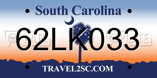 62LK033 South Carolina License Plate