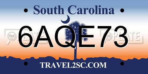 6AQE73 South Carolina License Plate
