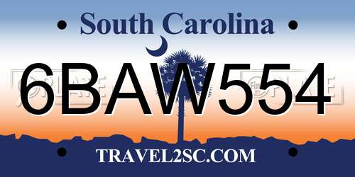 6BAW554 South Carolina License Plate