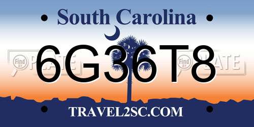 6G36T8 South Carolina License Plate