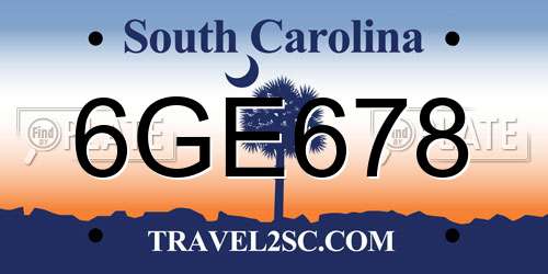 6GE678 South Carolina License Plate
