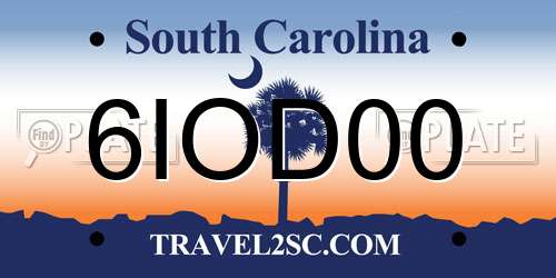 6IOD00 South Carolina License Plate