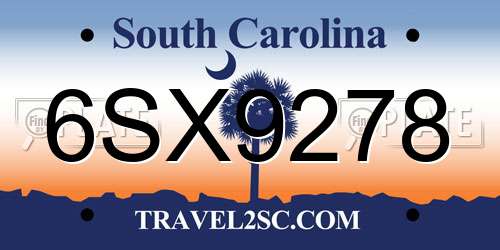6SX9278 South Carolina License Plate