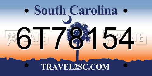 6T78154 South Carolina License Plate