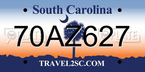 70AZ627 South Carolina License Plate
