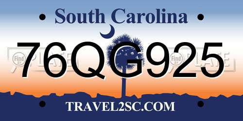 76QG925 South Carolina License Plate