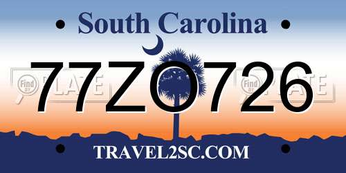 77ZO726 South Carolina License Plate