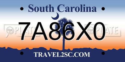 7A86X0 South Carolina License Plate