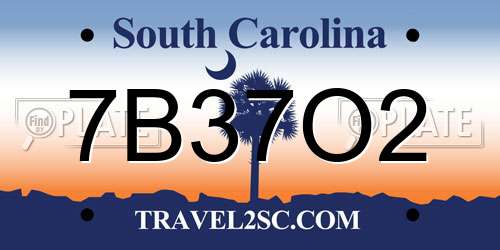 7B37O2 South Carolina License Plate