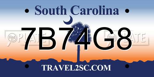 7B74G8 South Carolina License Plate
