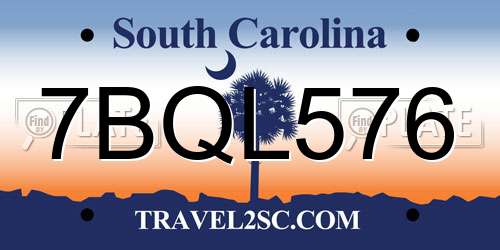 7BQL576 South Carolina License Plate