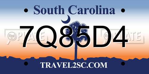 7Q85D4 South Carolina License Plate