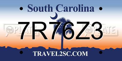 7R76Z3 South Carolina License Plate