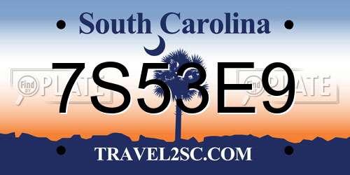 7S53E9 South Carolina License Plate