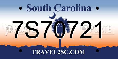 7S70721 South Carolina License Plate