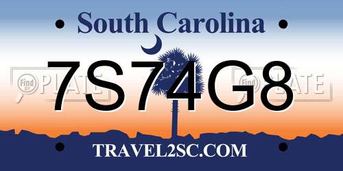 7S74G8 South Carolina License Plate