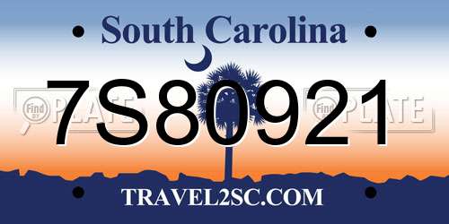 7S80921 South Carolina License Plate