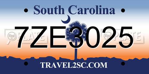 7ZE3025 South Carolina License Plate