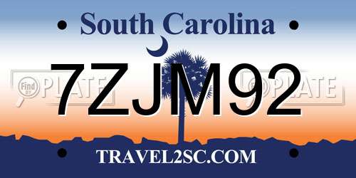 7ZJM92 South Carolina License Plate