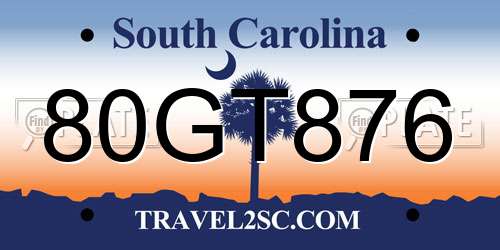 80GT876 South Carolina License Plate