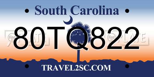 80TQ822 South Carolina License Plate