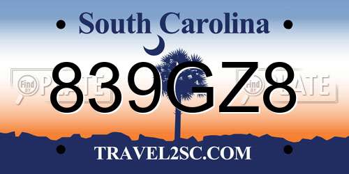 839GZ8 South Carolina License Plate