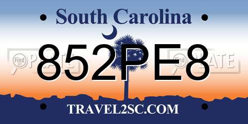 852PE8 South Carolina License Plate