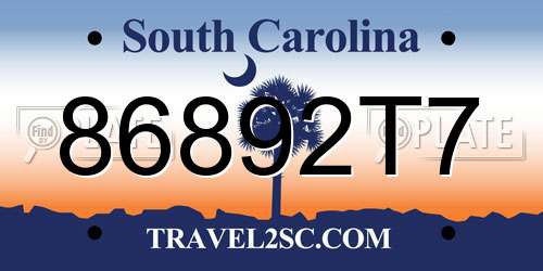 86892T7 South Carolina License Plate