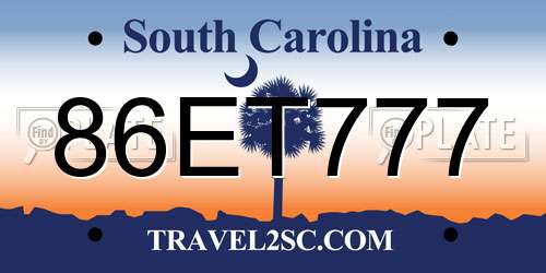 86ET777 South Carolina License Plate