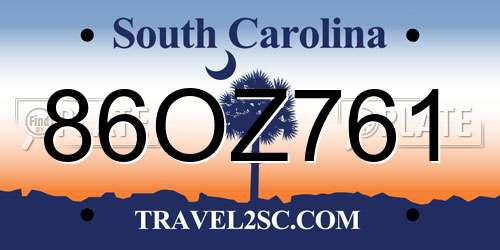 86OZ761 South Carolina License Plate