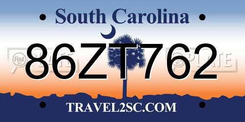 86ZT762 South Carolina License Plate