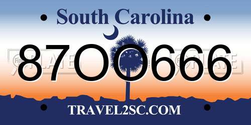 87OO666 South Carolina License Plate