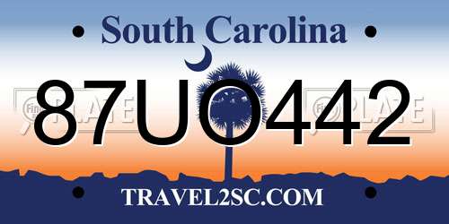 87UO442 South Carolina License Plate