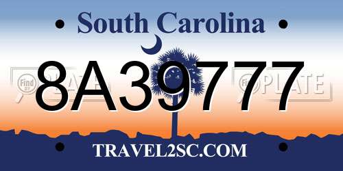 8A39777 South Carolina License Plate