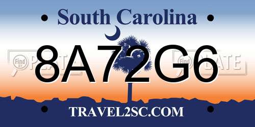 8A72G6 South Carolina License Plate