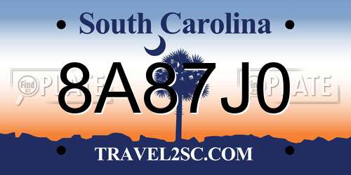 8A87J0 South Carolina License Plate