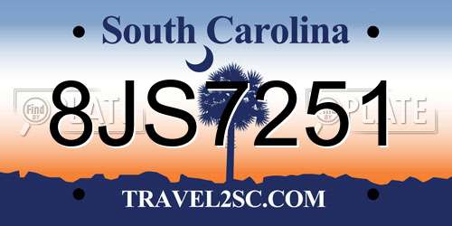 8JS7251 South Carolina License Plate
