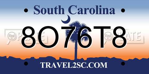 8O76T8 South Carolina License Plate