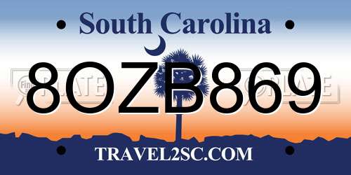 8OZB869 South Carolina License Plate