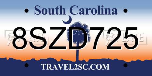 8SZD725 South Carolina License Plate