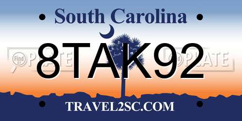 8TAK92 South Carolina License Plate