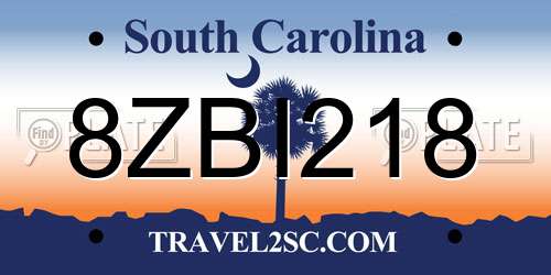 8ZBI218 South Carolina License Plate