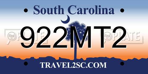 922MT2 South Carolina License Plate