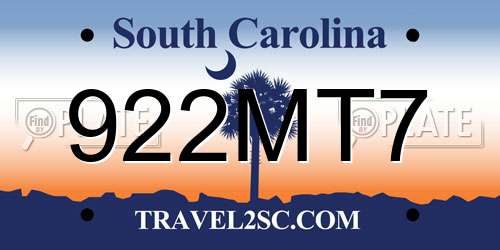 922MT7 South Carolina License Plate