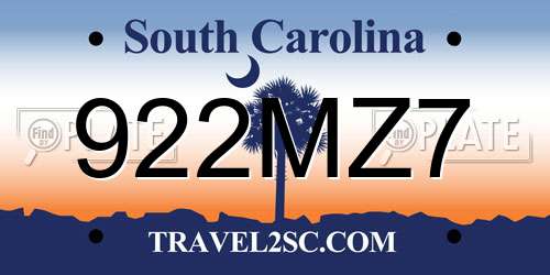 922MZ7 South Carolina License Plate