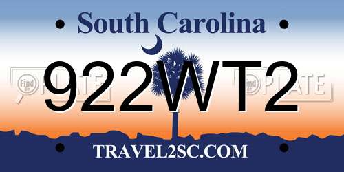 922WT2 South Carolina License Plate