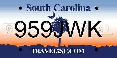 959JWK South Carolina License Plate