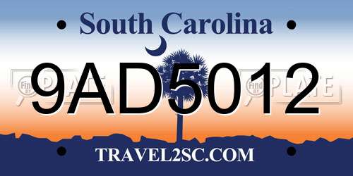 9AD5012 South Carolina License Plate