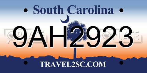 9AH2923 South Carolina License Plate